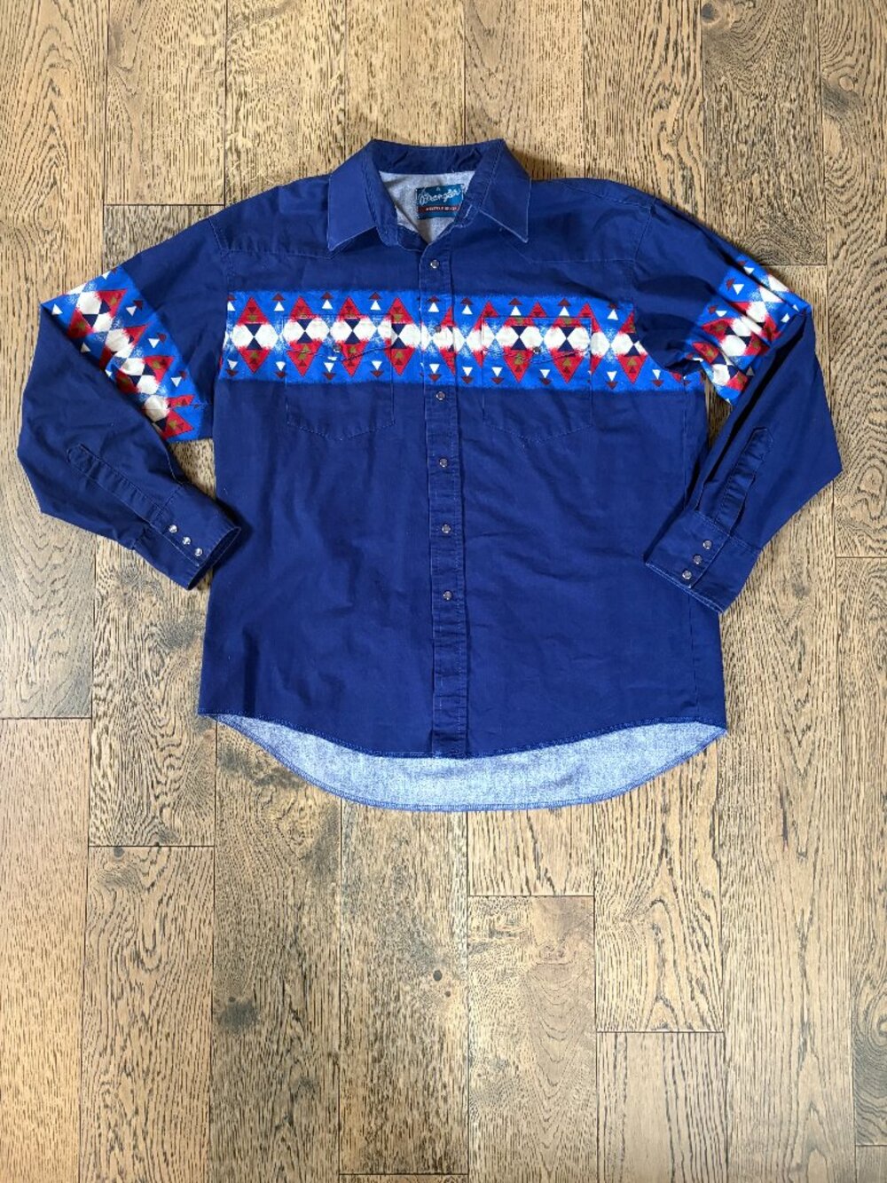 Vintage Wrangler Pearl Snap Shirt Men's XL Blue Geometric Western Cowboy Rodeo